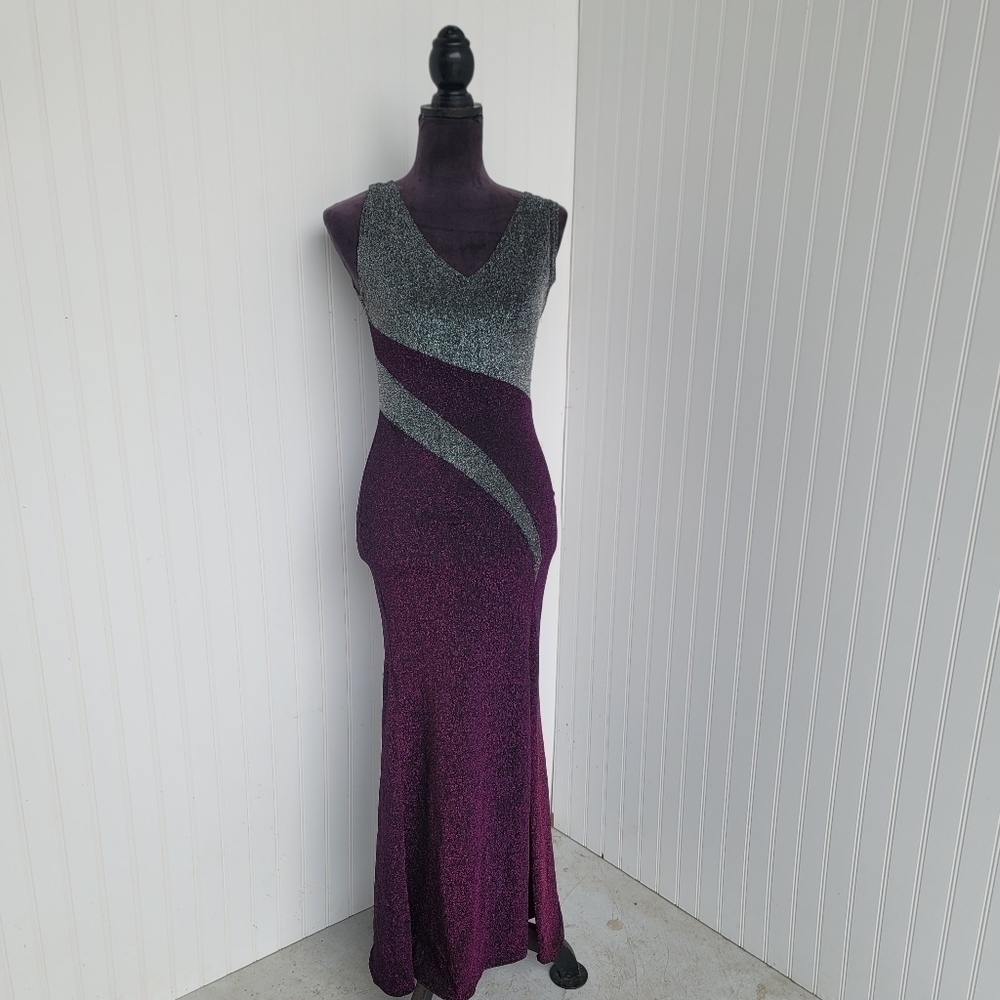 Vtg Dress Slim Party Evening Metallic Sparkly V Neck Sleeveless Purple Silver M